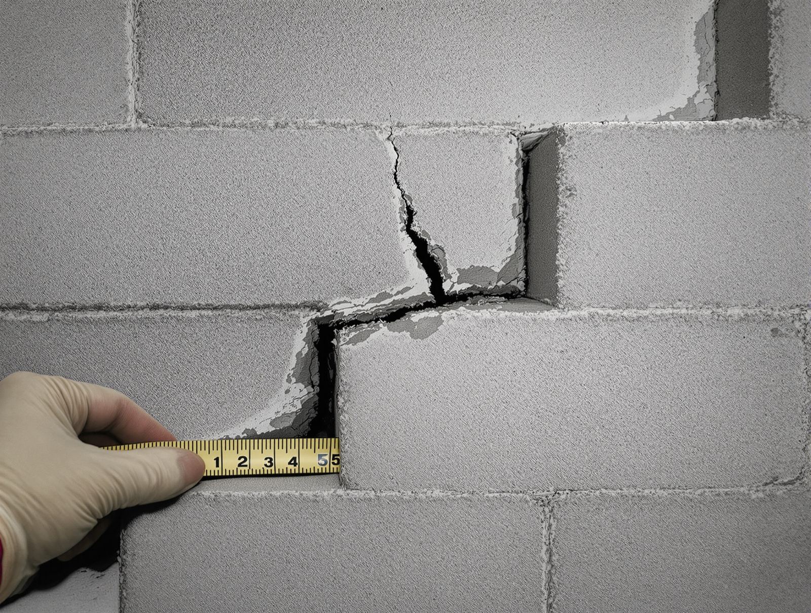 A gloved hand holding a tape measure against a stair-step crack running through a concrete block wall