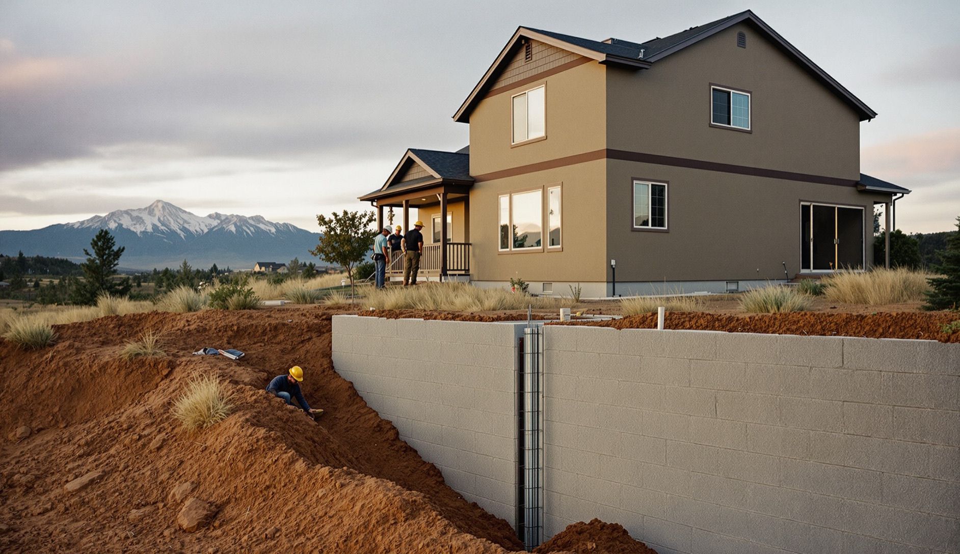 Crew excavating along a home’s foundation wall to install a steel pier, with Pikes Peak in the distance