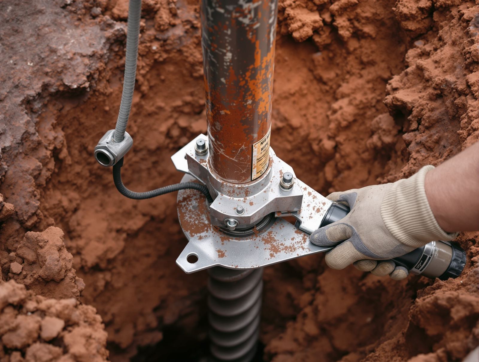 Steel helical piers staged beside an excavated foundation