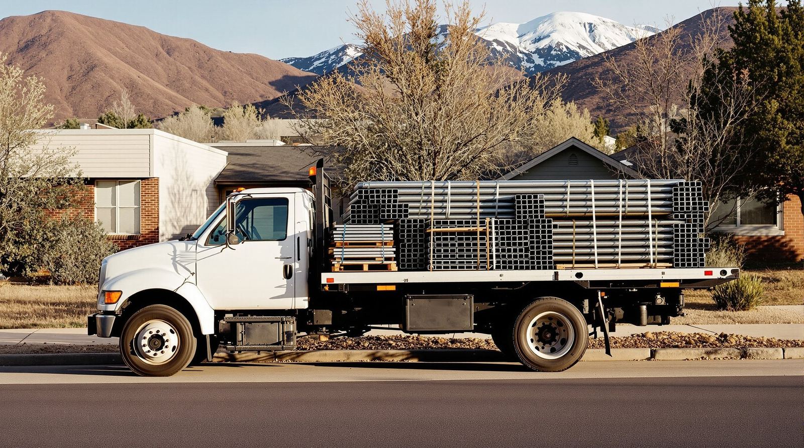 A contractor’s flatbed truck loaded with steel piers, parked on a Colorado Springs street with the mountains behind it